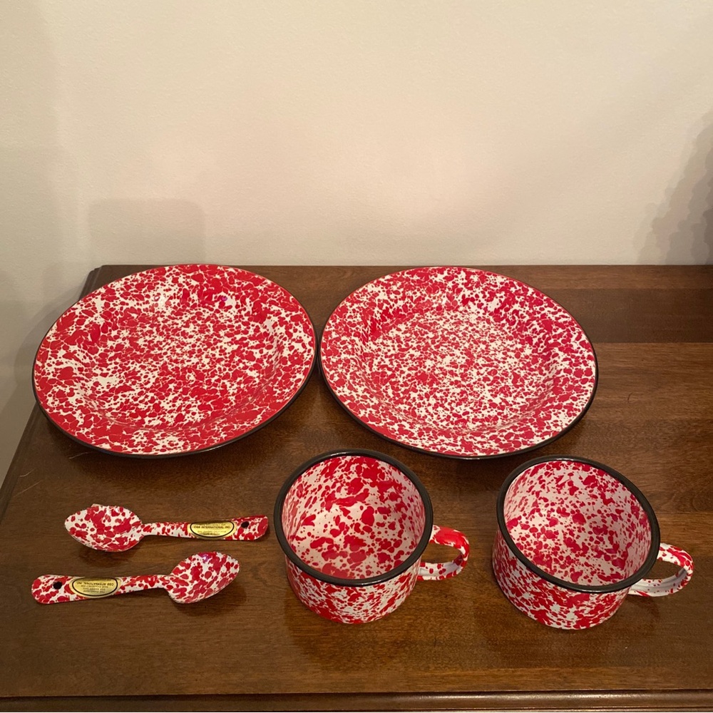 Vintage CGS International Enamel Red Splatterware Enamelware - 6 Pieces NOS